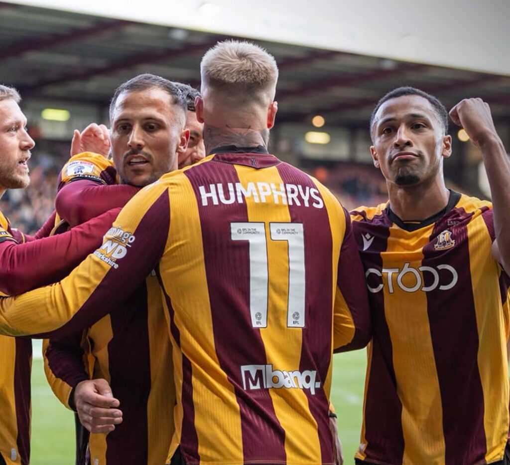 Bradford City players celebrating a goal