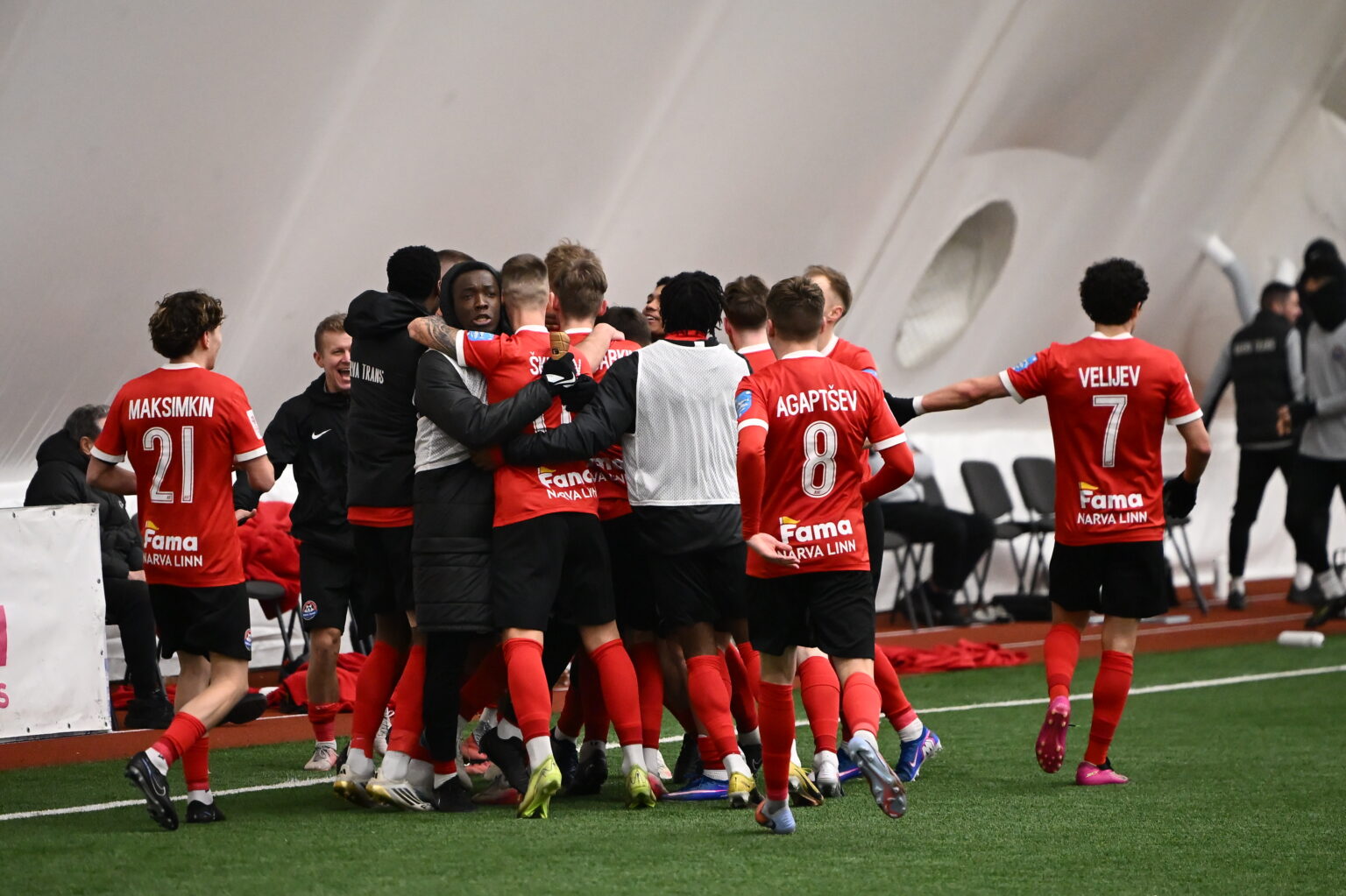 Narva Trans players celebrate reaching the Estonian Cup semi finals